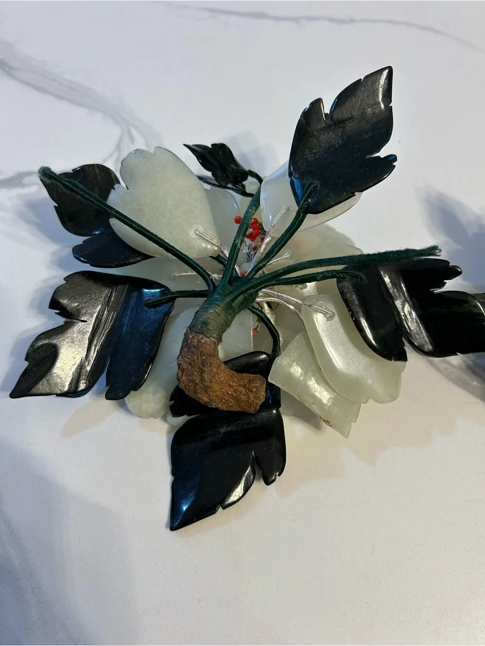 Chinese Carved Jade Lotus Flower & Leaves Candle Holder Set of 2